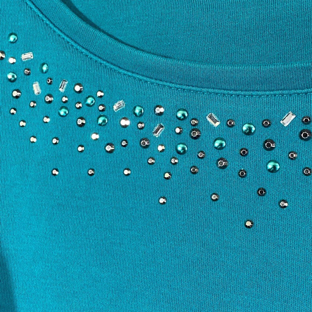 Studio Works Embellished Top Women XL Teal Blue Long Sleeve Rhinestone Cotton - Picture 14 of 14